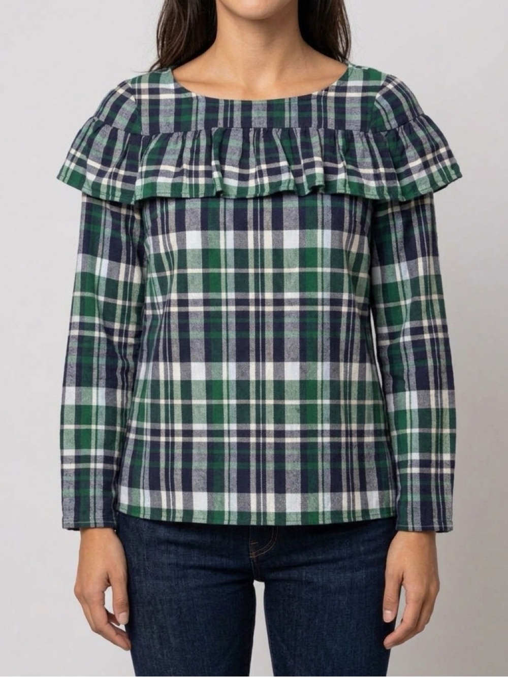 Sail to Sable Plaid Ruffle Statement Top Blouse Preppy Holiday XS
